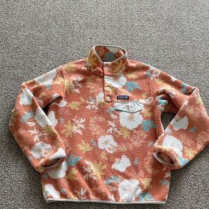 Patagonia Coral Floral Synchilla Fleece Pullover with Teal & White Accents